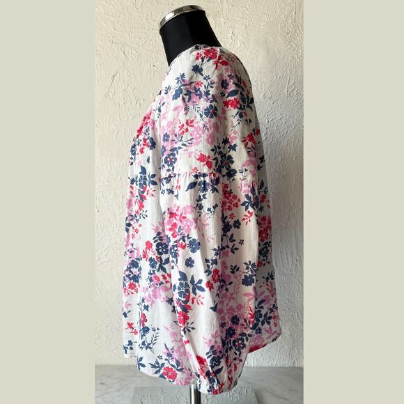 Gap Peasant Blouse Floral White Pink Red Blue V-Neck Pullover Top - Women's M - Picture 4 of 7